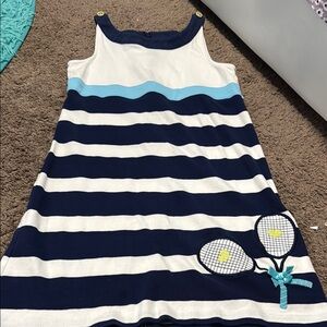 Heartstrings Navy and White Striped Dress with Tennis Racket Design